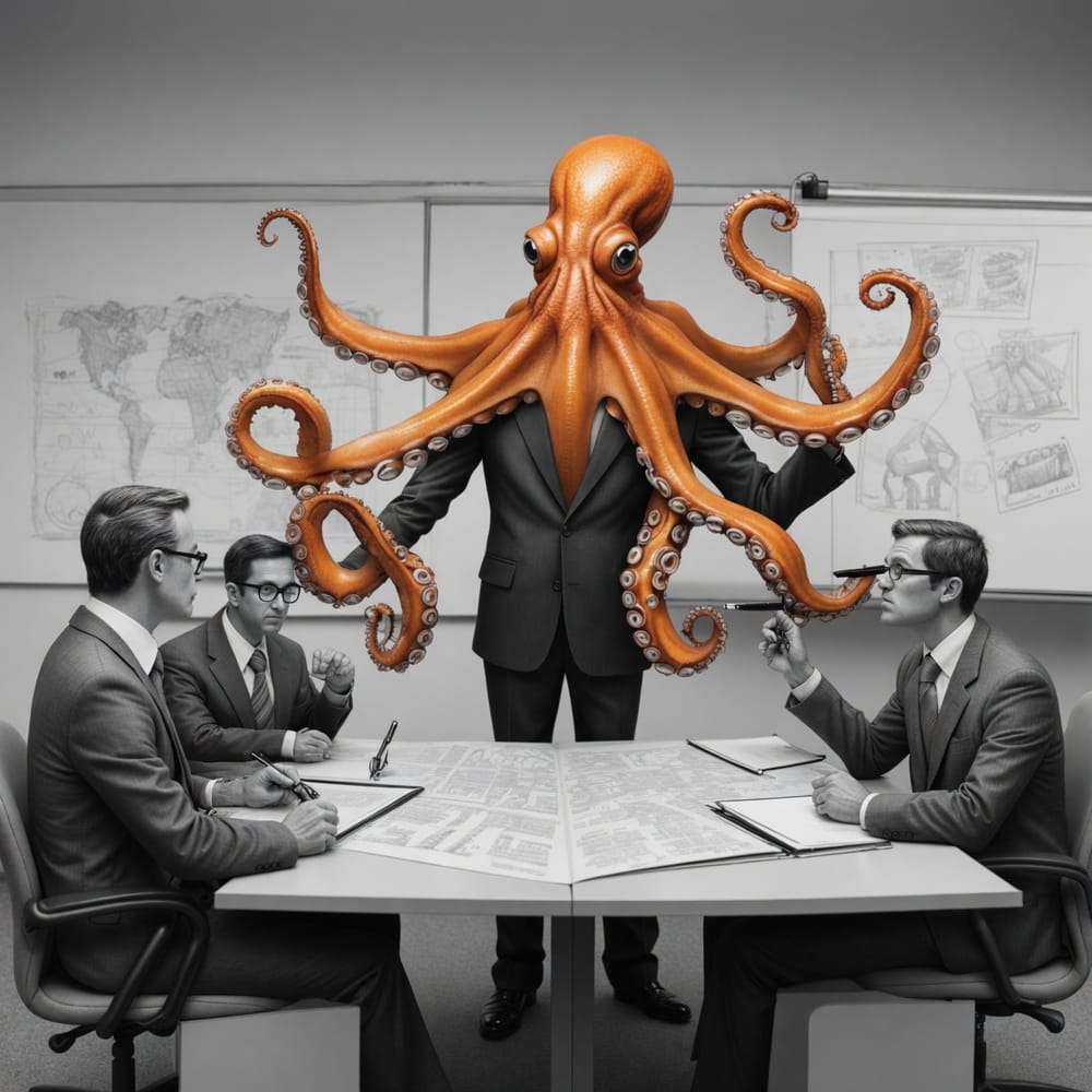 The orange octopus leaning over a table surrounded by a crowd of attentive people in suits.