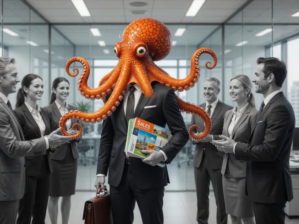 The orange octopus with a briefcase and sales brochures, greeted by a smiling team.