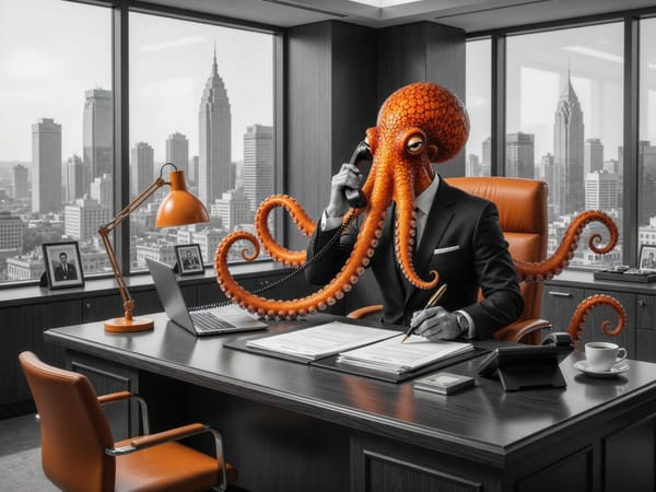 The orange octopus in a corner office, on the phone at a large desk.
