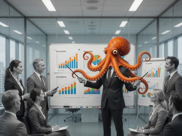 The orange octopus presenting sales charts to a seated team.