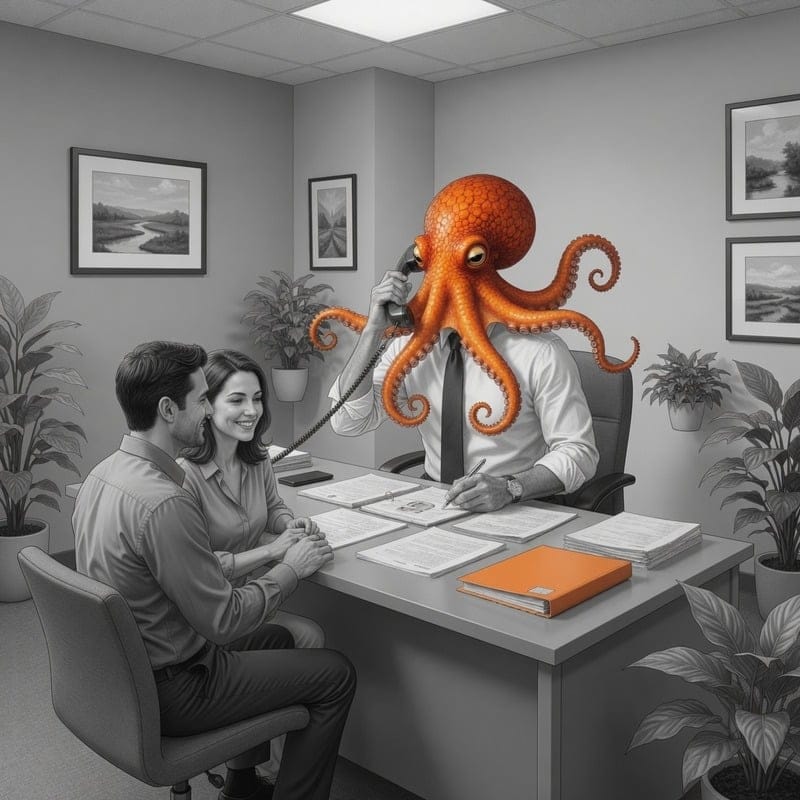 The orange octopus at a desk, on the phone and taking notes, across from a couple in a small office.