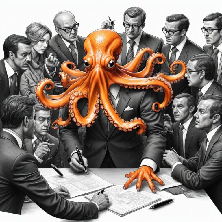 The orange octopus leaning on a desk, surrounded by people taking notes.