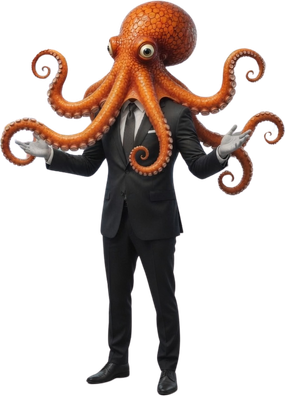 The orange octopus in a suit, arms open, presenting.