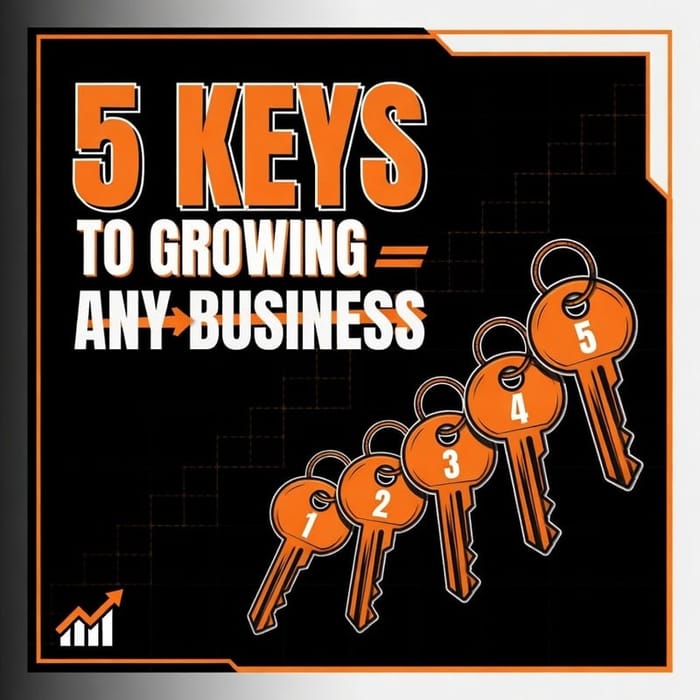 Seminar poster: 5 Keys to Growing Any Business, with five numbered orange keys.