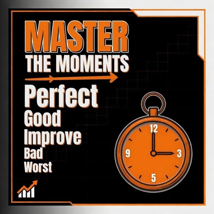 Seminar poster: Master the Moments — Perfect, Good, Improve, Bad, Worst — with an orange stopwatch.