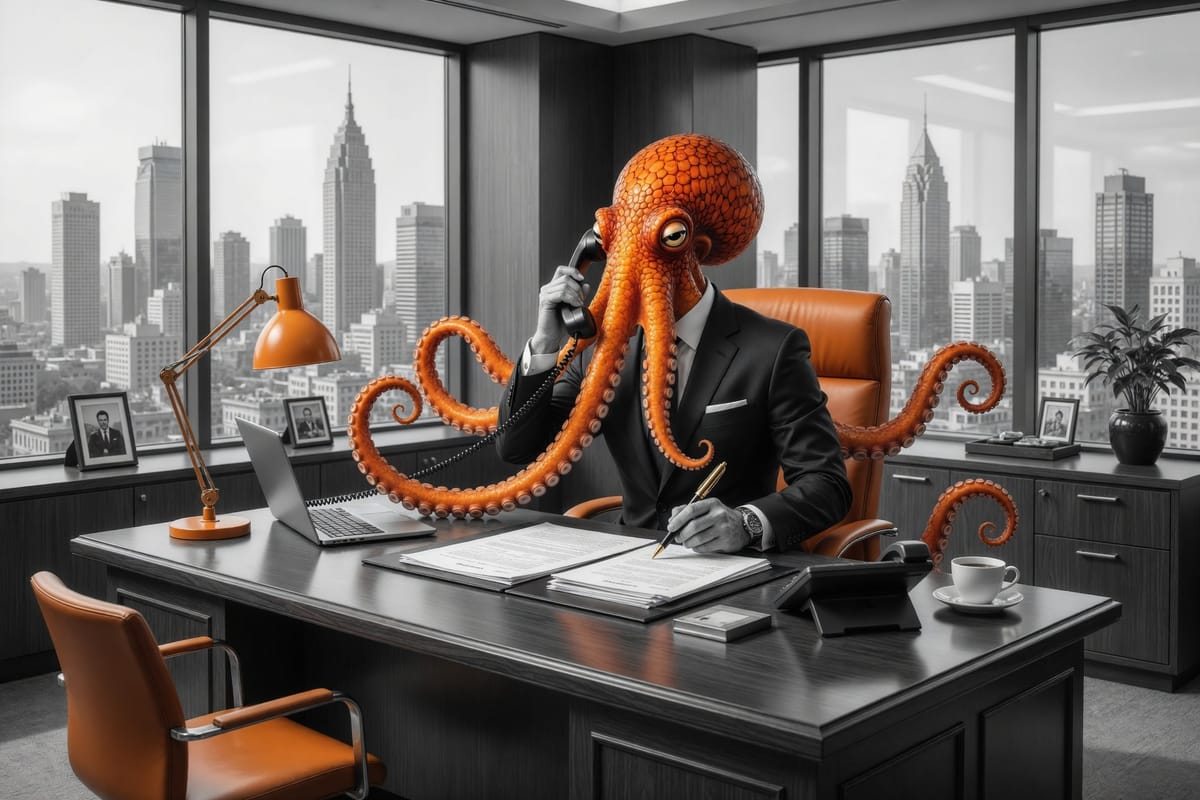 The orange octopus on the phone at a large desk in a corner office overlooking the city.