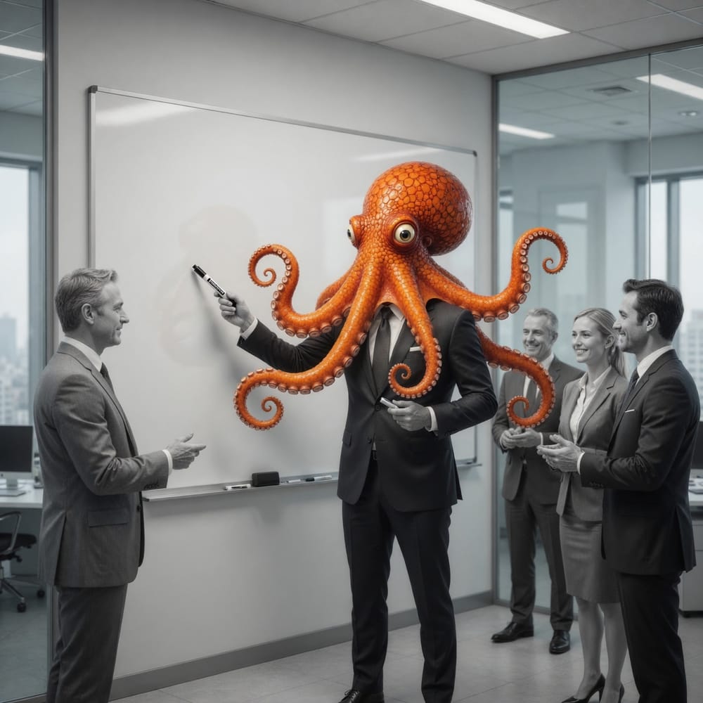 The orange octopus writing on a whiteboard for a small group.